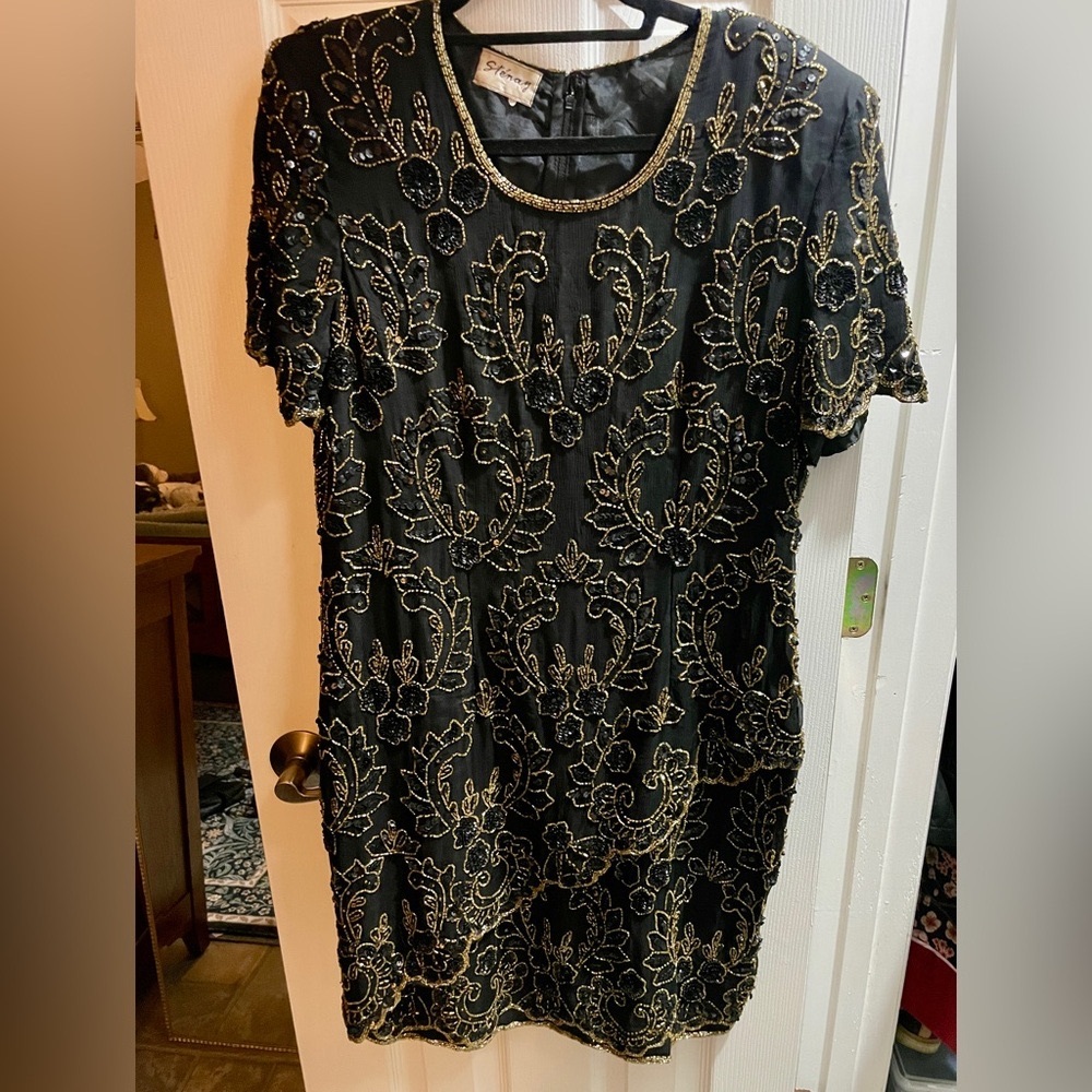 Stenay Black & Gold beaded, short sleeve, cocktail Dress Holiday glam